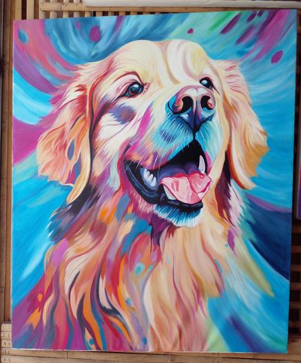 a painting of a happy golden retriever, it is looking up and to the right, blue and pink colors swirling behind it 