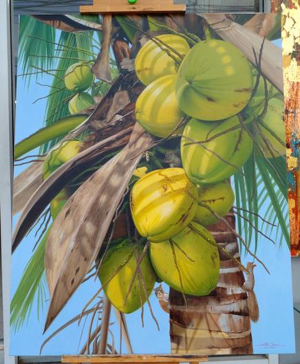 a painting of a close-up of a cluster of coconuts in a palm tree, small squirrels in different spots, a bright blue sky behind 