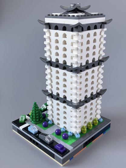 Right side view of the tower, showing the landscaping around its base