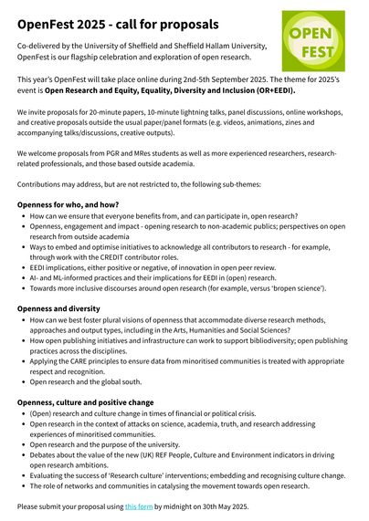 OpenFest call for papers - the text can be found here: https://www.sheffield.ac.uk/openresearch/events/openfest-2025