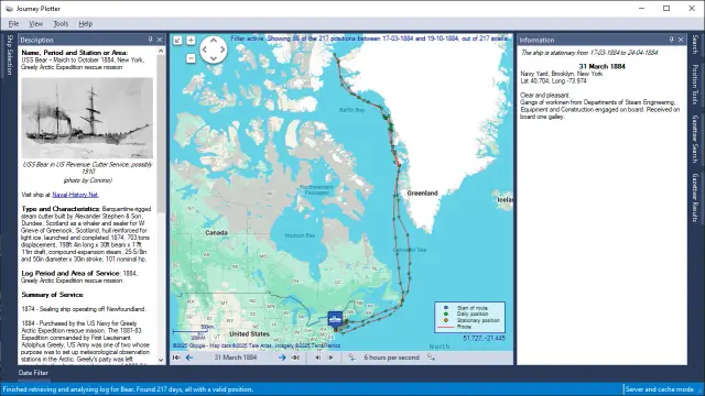 Screenshot of Journey Plotter showing the 1884 journey of USS Bear, and the events recorded in her log-book for 31 March 1884.