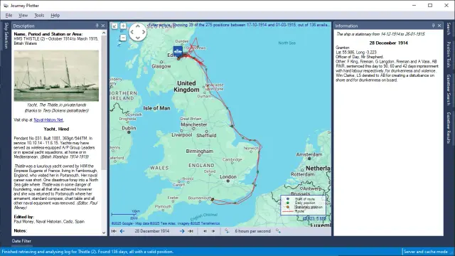 Screenshot of Journey Plotter showing the 1914-1915 journey of hired yacht HMS Thistle, and the events recorded in her log-book for 28 December 1914.