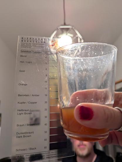 Prüfen des jungen Malzbieres gegen das Licht: im Glas hat es eine schöne hellbraune Farbe.