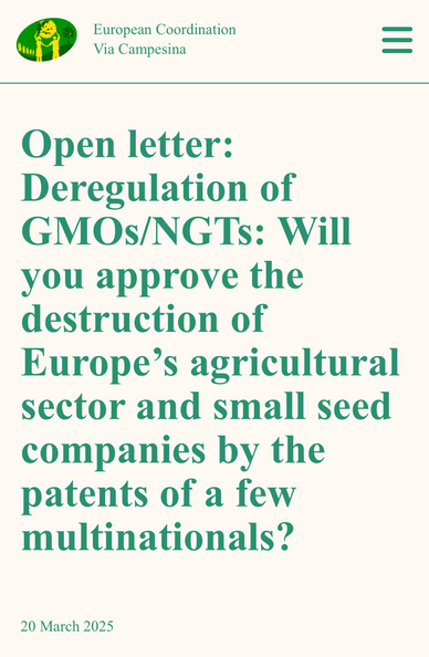 📣 Members of the EP Environment Committee cannot allow ownership of peasant and traditional seeds to be stolen by the patents of a few multinational seed companies!  The European Parliament must not approve the negotiating mandate to open the trilogue on new GMOs!  👀 👉 https://www.eurovia.org/news/open-letter-deregulation-of-gmos-ngts-will-you-approve-the-destruction-of-europes-agricultural-sector-and-small-seed-companies-by-the-patents-of-a-few-multinationals