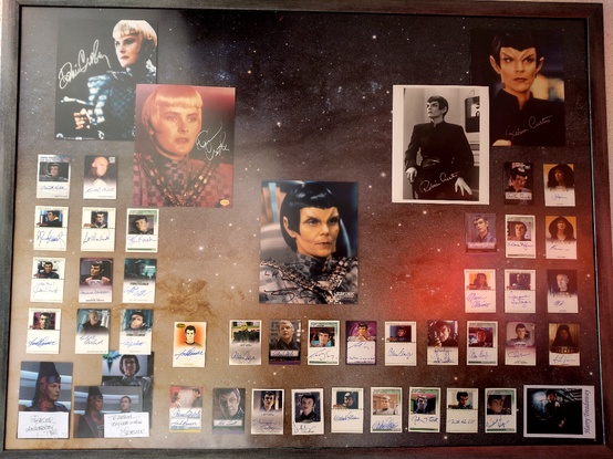 Wandbild 120x90 mit großen Autogrammen und kleinen Autogrammkarten von Star Trek Schauspielern, die alle Rollen von Romulanern gespielt haben