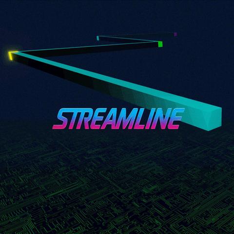 The logo screen of the game. STREAMLINE is written in the middle. A single three-dimensional multisegment line spans into the horizon in the background. The aesthetic vaguely resembles the "cyberspace" from TRON or Hackers, with blue-ish green-ish colors dominating.