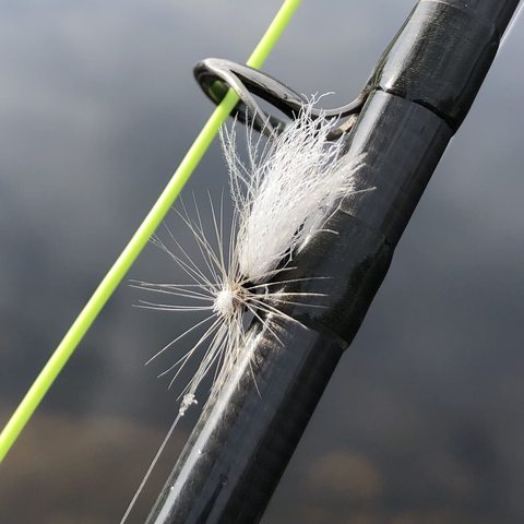 A stonefly imitation with CDC and polypropylene wing. The hackle is flat.