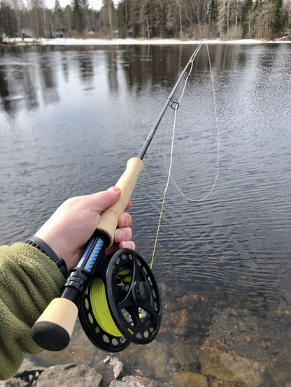 The Scott Wave 907/4 and Danielsson F3W 4seven reel. The line has been cast to the backing.