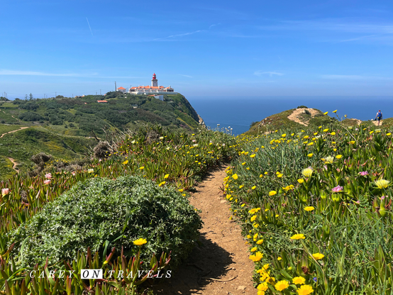 Trail through the wildflowers towards Cabo da Roca and the Atlantic Ocean in Portugal