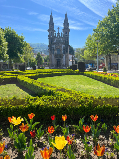 Tulips in front of a church in Guimarães Portugal