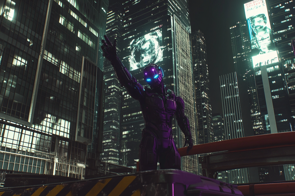 A sleek robot with a glowing arm stands tall in a cyberpunk city, surrounded by towering neon-lit skyscrapers in shades of purple and blue, with holographic billboards flickering in the misty night air.