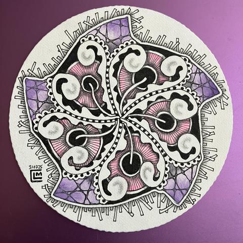 Finished tile with black ink on white card, graphite shading, pink watercolour wash on the Festoon Berries (which have gills which look like the underside of a mushroom) and purple gradient watercolour wash on the tips of the starfish “legs”!