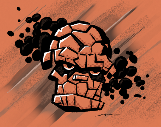 A stylized illustration of the face of Ben Grimm as the Thing from The Fantastic Four done in the Jack Kirby style.