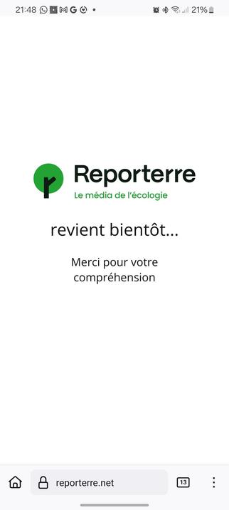 Capture d'écran : reporterre revient bientôt...

Merci pour votre compréhension