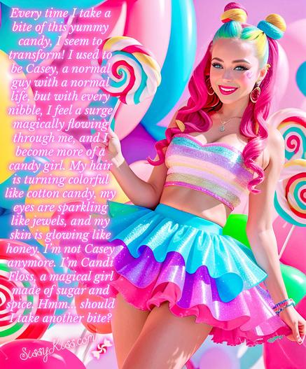 A girl with vibrant pink hair happily poses with a large, colorful lollipop in her hand. She says, "Every time I take a bite of this yummy candy, I seem to transform! I used to be Casey, a normal guy with a normal life, but with every nibble, I feel a surge magically flowing through me, and I become more of a candy girl. My hair is turning colorful like cotton candy, my eyes are sparkling like jewels, and my skin is glowing like honey. I'm not Casey anymore. I'm Candi Floss, a magical girl made of sugar and spice. Hmm... should I take another bite?"