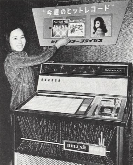 1970-01-03 Cash Box pg 34. A woman places a record display above a Rock-Ola jukebox operated by Sega.