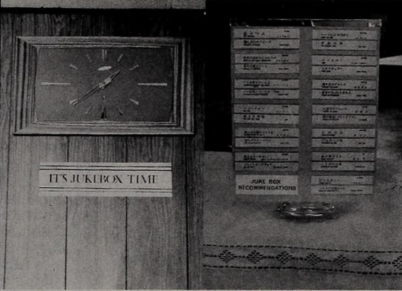 1970-04-11 Cash Box pg 67. A series of promotional items used by Sega for promotion of jukboxes, including a sign beneath a clock reading "It's Jukebox Time" and a card list of recommendations to play on a jukebox.