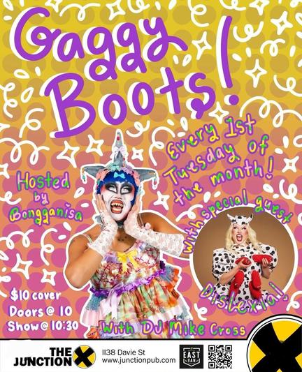 A poster for the Gaggy Boots show with a colourful pink and orange background and pictures of Bongganisa and Dislexia