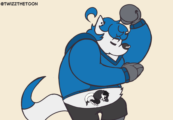 a giant artic fox with a blue hoodie and gray pants sleeping with a tiny seal wearing a gray sweater and black pants on his belly