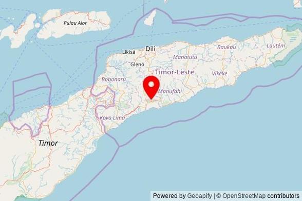 A map showing the area of Groto with a pin at the position of Igreja Hato-Udo KTM, Estrada Cassa - Hatu-Udo, Groto, East Timor
