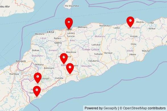 A map showing every place of worship we have visited so far in Timor-Leste including:
Igreja Hato-Udo KTM in Groto
Igreza Catedral da Imaculada Conceição (Díli) in Dili
Igreja de Santo António de Motael in Dili
Gereja Katolik St Antonio Maria Claret Salele in Kuitaok
igreza ostico in Lequliwatu
Igreza Ainaro in Ainaro
Kapela Fatuloro in Halimutin