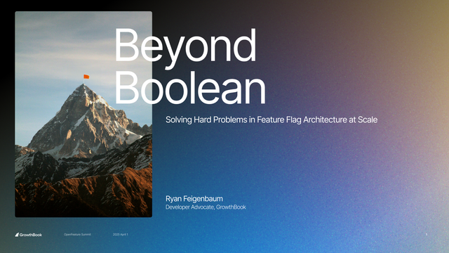 Title slide for my talk, Beyond Boolean, featuring a mountain with a small orange feature flag on top