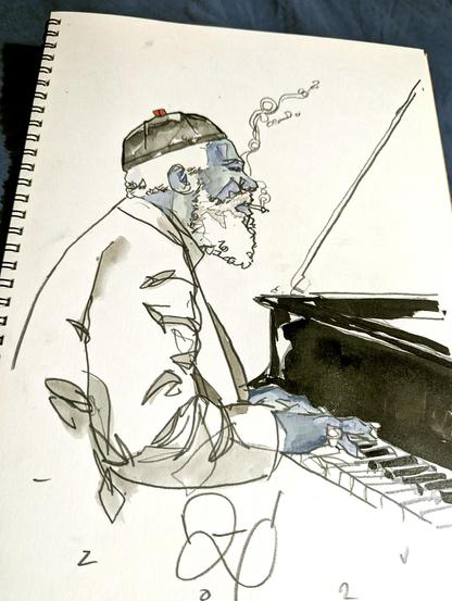 Thelonious at his piano, smoking while playing, done mostly in cretacolor pencil and some ink washes
