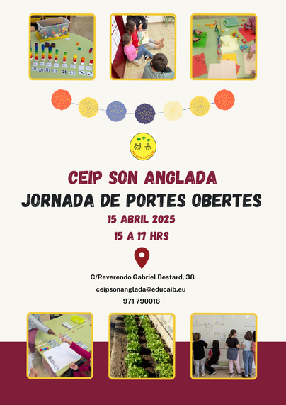 Cartell informatiu de la jornada amb les dades de l'escola i algunes fotos que mostren alguns moments d'activitats al centre.