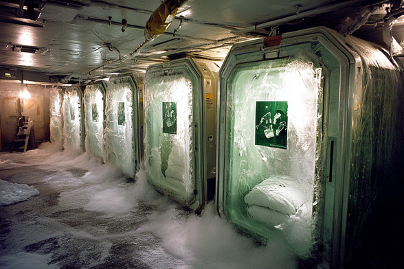A mysterious underground lab filled with empty cryonic capsules, frozen over with ice and mist. A glimpse into the future of suspended life and the quest for immortality.