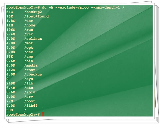 This screenshot shows output of the “du -h --exclude=/proc --max-depth=1 / “ command which is nothing but disk usage per dir on Linux.