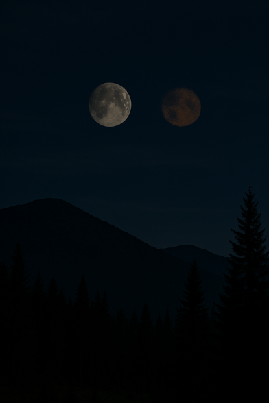 Zwei Monde leuchten am nächtlichen Himmel über einem dunklen Wald und fernen Bergen – einer klar, der andere rötlich und diffus.