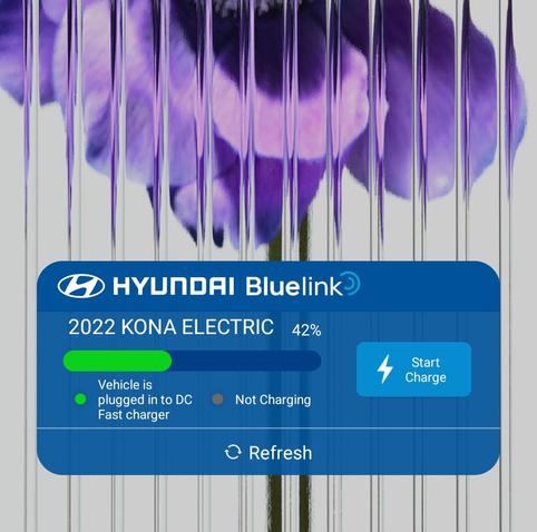 Screenshot of the Hyundai Bluelink mobile widget displaying an incomplete 42% charge for a 2022 Kona Electric.