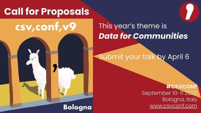 Promotional flyer for csv,conf,v9, an event focusing on data and communities, featuring the event title, date, location in Bologna, and a call for talk proposals due by April 6, 2025.