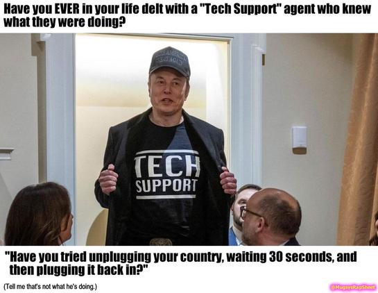 Musk in his "Tech Support" T-Shirt.
