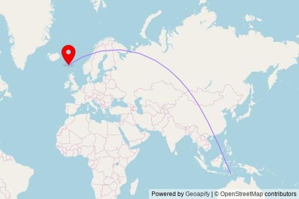 A map showing the great circle route from Groto in Timor-Leste to a map pin at Havnar Kirkja, Kirkjuvegur, 100 Tórshavn, Faroe Islands