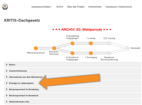 Screenshot Bundestagszusammenfasser mit dem Hinweis, wo man die Einträge aus dem Lobbyregister findet.