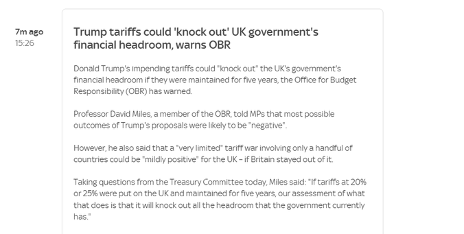 7mago Trump tariffs could 'knock out’ UK government's

15:26 financial headroom, warns OBR
Donald Trump's impending tariffs could *knock out” the UK's government's
financial headroom if they were maintained for five years, the Office for Budget
Responsibility (OBR) has warmed.
Professor David Miles, a member of the OBR, told MPs that most possible
outcomes of Trump's proposals were likely to be “negative”
However, he also said that a “very limited" tariff war involving only a handful of
countries could be “mildly positive" for the UK - if Britain stayed out of it.
Taking questions from the Treasury Committee today, Miles said: *If tariffs at 20%
or 25% were put on the UK and maintained for five years, our assessment of what
that does is that it will knock out all the headroom that the government currently
has.

