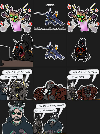 collage of stickers showcasing an overly excited dragon, a mech rapidly approaching, an anthropomorphic owl in distress, the same owl in the "fototeta" meme, the "its only wednesday" meme showcasing three different character combinations, as well as the (starcraft based) human sniper in distress