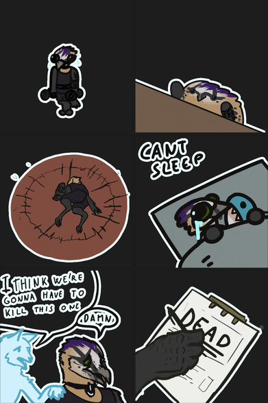 a collage of stickers showcasing an antropomorphic bearded vulture doing the dragon ball death meme, the bongo cat meme, the "we'll have to kill this guy" meme, noting in a notebook "DEAD", as well as a funny smol version with dumbbells, and with insomnia