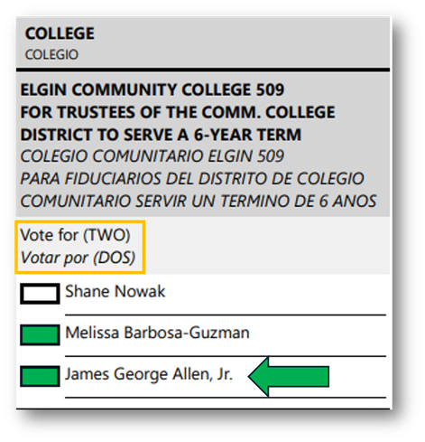 Sample ballot for Elgin Community College District 509 Trustee election, showing the instruction “Vote for (TWO) / Votar por (DOS)” and listing candidates: Melissa Barbosa-Guzman, and James George Allen, Jr. A green arrow highlights James George Allen, Jr.'s name, indicating support for his candidacy.