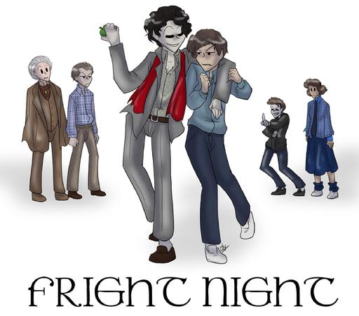 Fanart of Jerry, Charlie, Peter, Billy, Evil Ed & Amy from Fright Night. Peter, Billy, Ed, and Amy are in the background. In the foreground, Jerry has his arm around an annoyed Charlie.