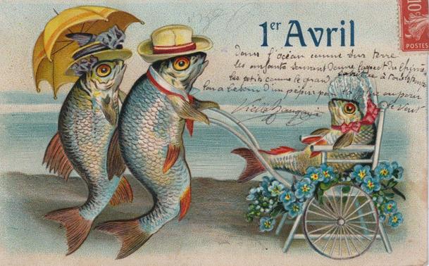 Vintage postcard of 2 fish wearing hats and a parasol, walking along a beach while pushing a baby carriage. Inside a smaller fish wears a frilly white bonnet and pink ribbons. "1 Avril", and some black ink handwriting are visible top right.
