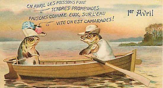 Vintage postcard of two fish in a rowboat, with a poem and "1 AVRIL" across the top.
