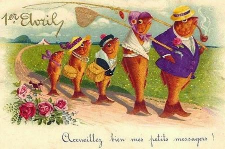 1 April Fish postcard featuring a fish  family outing: Dad leads, in his dapper purple suit smoking a pipe and carrying a fishing line. Wifey fish wears a purple bonnet and white lace wrap, and carries a fishing net on a pole. 3 children fish in a sailor suit, straw hat and pearls, and the youngest in a purple ribbon pulling a toy dog on wheels.
