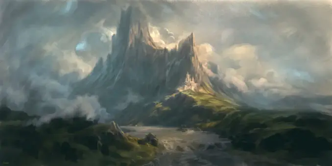 This artwork depicts a majestic, towering mountain with sharp peaks, surrounded by mist and dramatic cloud formations. At the mountain's base, a castle or fortress is nestled within the landscape, illuminated by warm sunlight. A river flows through the foreground, winding through lush greenery and rocky outcrops.

The painting has a fantasy or dreamlike quality, reminiscent of classic fantasy landscapes. The lighting and atmosphere suggest a dramatic, almost mystical setting, with a strong contrast between the bright, sunlit areas and the darker, shadowed regions. The brushstrokes and soft textures give the piece a painterly, semi-realistic style with an emphasis on mood and grandeur.