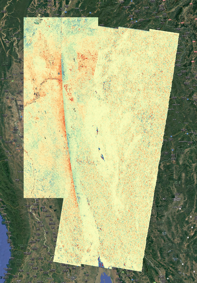 Map of Myanmar area showing sharp color change along the fault running roughly north-south. Red on west side where land moved northward. 