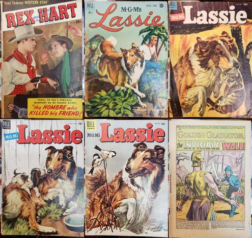A composite photo of 6 Golden Age vintage comic books, as follows:

Rex Hart 8, Marvel Comics, photo cover. Your famous Western Star. Thrill to Rex's perilous manhunt as he tracks down "the Hombre who killed his Friend!"

The Brave and the Bold 3, DC Comics, cover missing. "The tiny village was defenseless—and toward it marched the scourge of the Northlands, Crassus the Conqueror! In his path stood only one man—Marcus, the Golden Gladiator. At his side stood children! Yet together, they formed... The Invisible Wall!

And, four issues of M-G-M's Lassie from Dell Comics. Lassie is a famous Collie dog. Painted cover illustrations, as follows:

Number 3, April-June, 52 pages—All Comics! Lassie and a man cross a rocky, tropical terrain.

Number 12, July-Sept. Lassie rescues a cat from a burning building.

Number 15, March-April. Lassie relaxes by her water dish near a white picket fence, but a beagle puppy wants her to play.

Number 20, Jan.-Feb. Lassie, in the snow, observes two small black and white birds perched on a nearby twig.