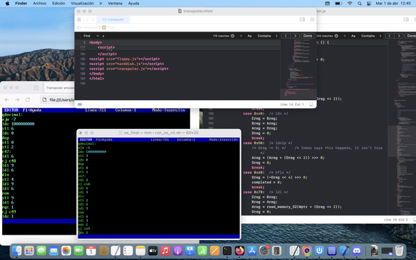 Desktop showing four windows. Two contains source code of my transputer emulator in Javascript. One is the emulator running in a browser, and another is the emulator running in a Terminal session. Both windows show different assembler code.