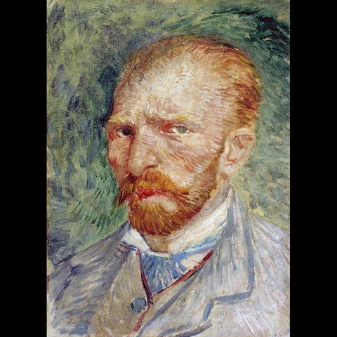 The image is a portrait of a man with a beard and mustache, set against a yellow background. He has a distressed expression, which contributes to the overall mood of the piece. The artwork appears to be an oil painting executed in a post-impressionist style, characterized by its visible brushstrokes and use of color. It is a portrait of a man who seems to be looking off into the distance with a serious expression on his face.