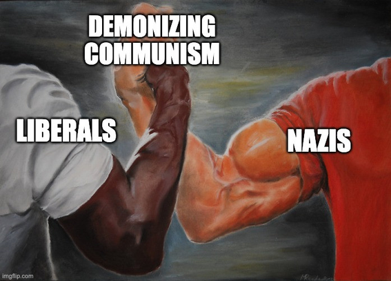 Predator handshake meme: Liberals and Nazis collaborate to demonize communism